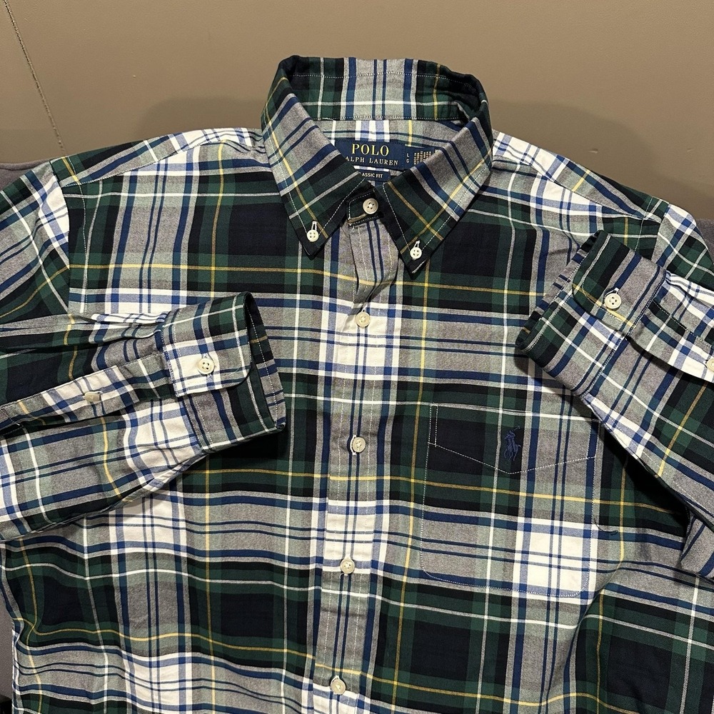 Polo Ralph Lauren Shirt Mens Large Green Plaid Classic Fit Button Down Casual